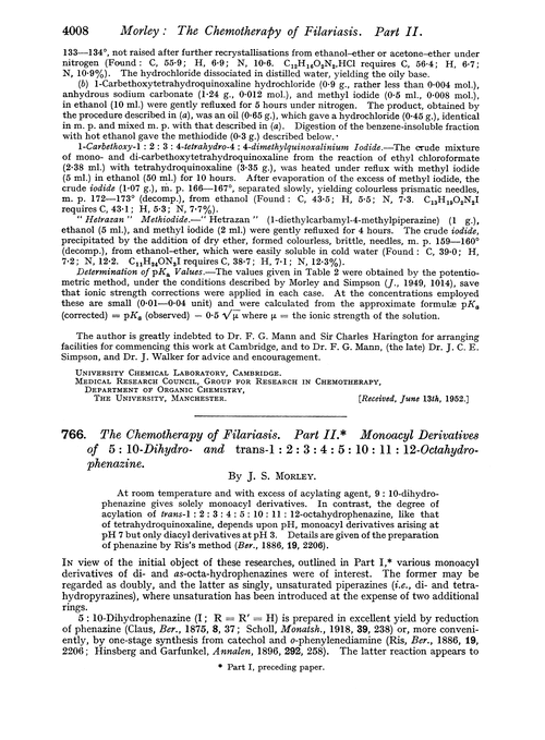 766. The chemotherapy of filariasis. Part II. Monoacyl derivatives of 5 : 10-dihydro- and trans-1 : 2 : 3 : 4 : 5 : 10 : 11 : 12-octahydrophenazine