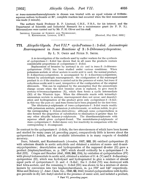 771. Alicyclic glycols. Part VII. Cyclopentane-1 : 3-diol. Anionotropic rearrangement in some reactions of 3 : 5-dibromocyclopentene