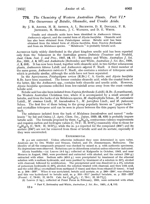 776. The chemistry of Western Australian plants. Part VI. The occurrence of betulic, oleanolic, and ursolic acids