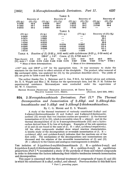 814. 2-Mercaptobenzothiazole derivatives. Part II. The thermal decomposition and isomerisation of 2-alkyl- and 2-alkenyl-thiobenzothiazoles and 3-alkyl- and 3-alkenyl-2-thiobenzothiazolines