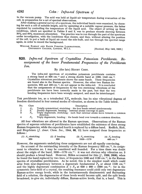 820. Infra-red spectrum of crystalline potassium perchlorate. Reassignment of the lower fundamental frequencies of the perchlorate ion