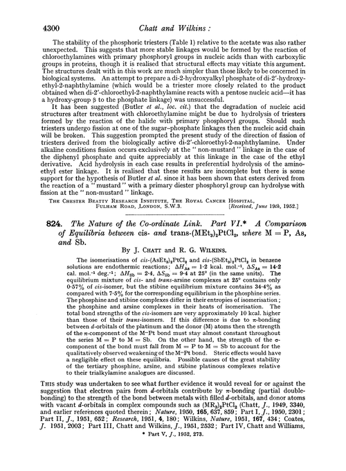 824. The nature of the co-ordinate link. Part VI. A comparison of equilibria between cis- and trans-(MEt3)2PtCl2, where M = P, as, and Sb