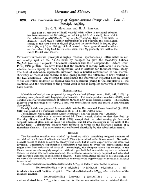 828. The thermochemistry of organo-arsenic compounds. Part I. Cacodyl, As2Me4
