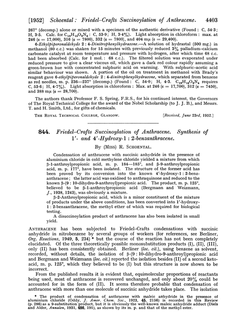 844. Friedel–Crafts succinoylation of anthracene. Synthesis of 1′- and 4′-hydroxy-1 : 2-benzanthracene