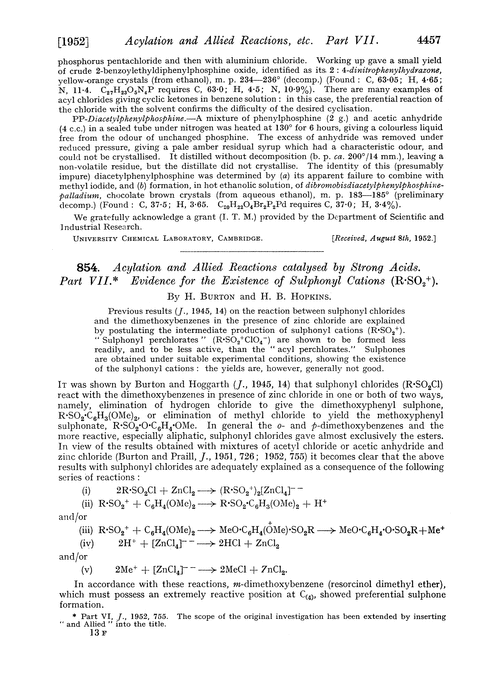 854. Acylation and allied reactions catalysed by strong acids. Part VII. Evidence for the existence of sulphonyl cations (R·SO2+)