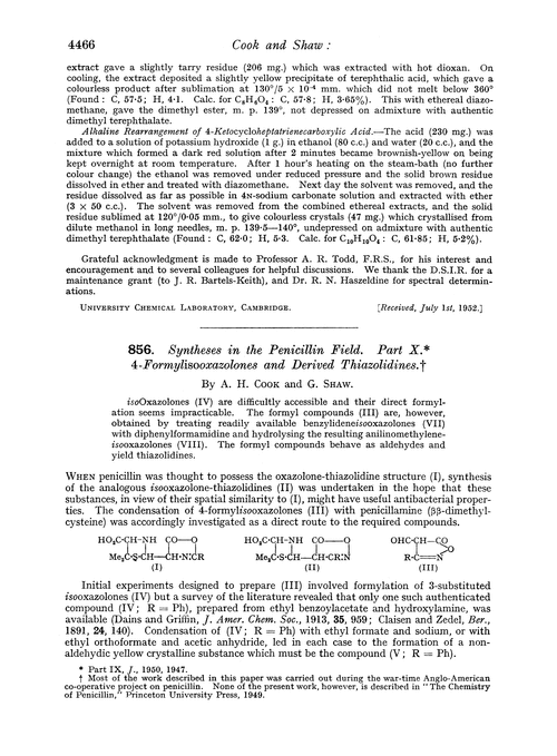 856. Syntheses in the penicillin field. Part X. 4-Formylisooxazolones and derived thiazolidines