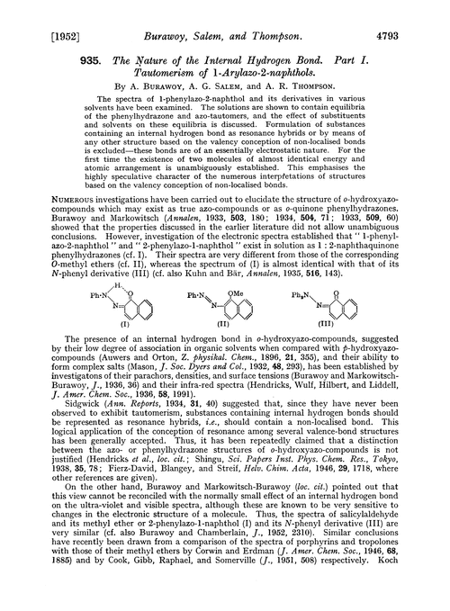 935. The nature of the internal hydrogen bond. Part I. Tautomerism of 1-arylazo-2-naphthols
