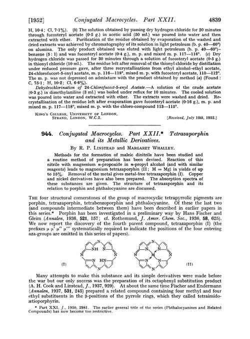 944. Conjugated macrocylces. Part XXII. Tetrazaporphin and its metallic derivatives