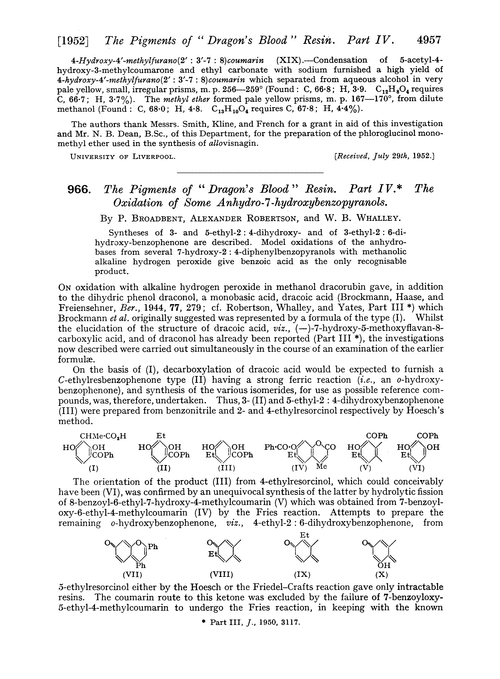 966. The pigments of “Dragon's blood” resin. Part IV. The oxidation of some anhydro-7-hydroxybenzopyranols