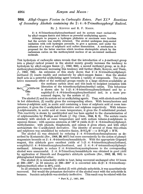 968. Alkyl–oxygen fission in carboxylic esters. Part XI. Reactions of secondary alcohols containing the 2 : 4 : 6-trimethoxyphenyl radical