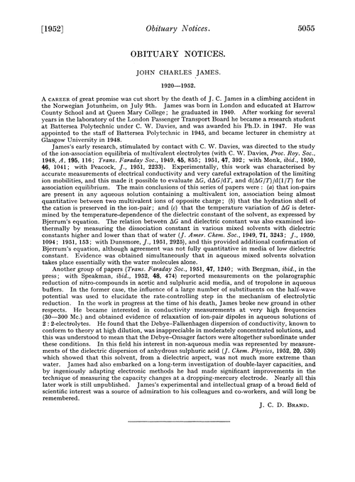 Obituary notices: John Charles James, 1920–1952; Thomas Turner, 1861–1951