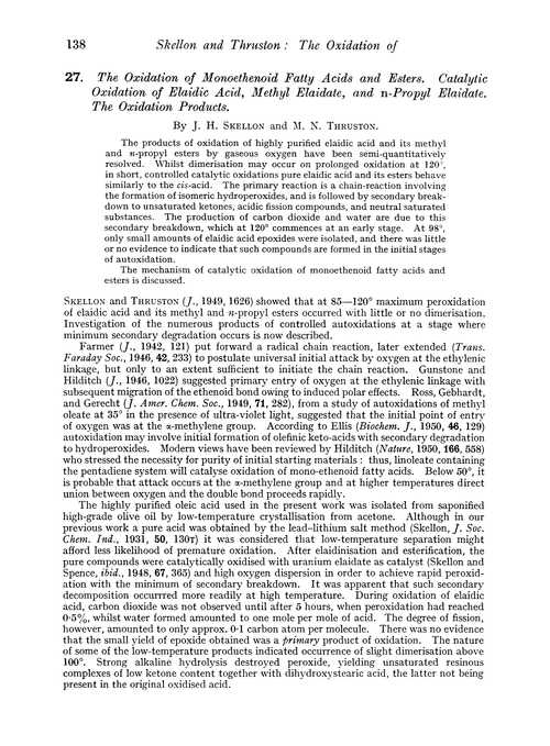 27. The oxidation of monoethenoid fatty acids and esters. Catalytic oxidation of elaidic acid, methyl elaidate, and n-propyl elaidate. The oxidation products