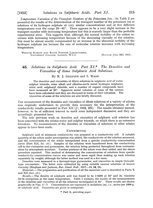 45. Solutions in sulphuric acid. Part XI. The densities and viscosities of some sulphuric acid solutions