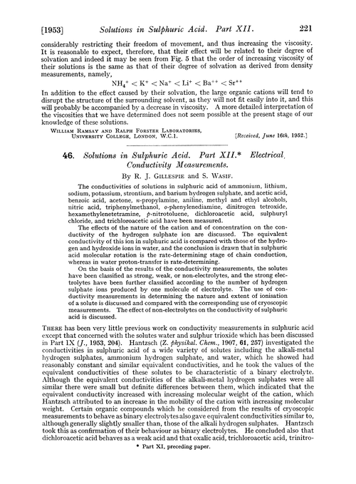 46. Solutions in sulphuric acid. Part XII. Electrical conductivity measurements