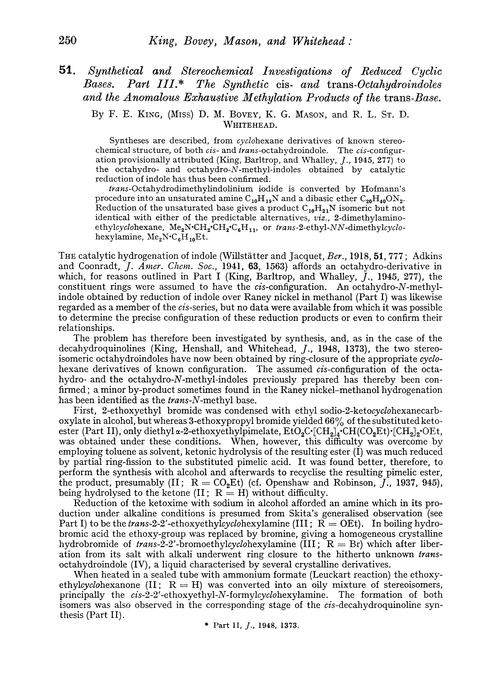 51. Synthetical and stereochemical investigations of reduced cyclic bases. Part III. The synthetic cis- and trans-octahydroindoles and the anomalous exhaustive methylation products of the trans-base