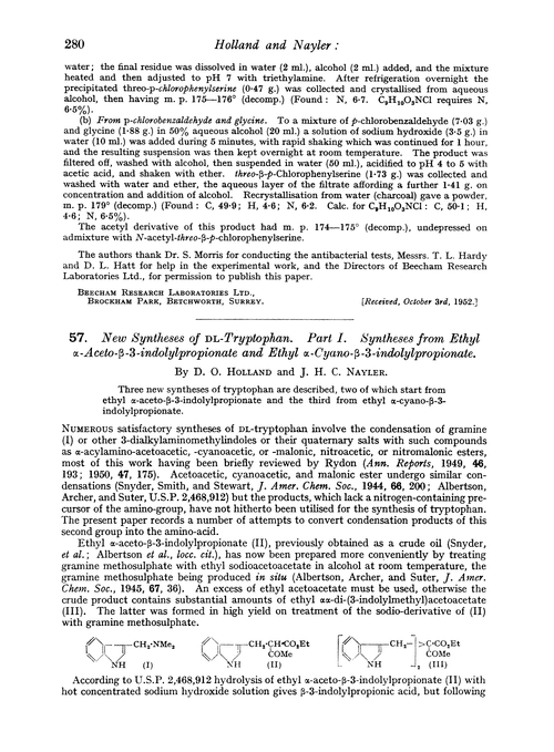 57. New syntheses of DL-tryptophan. Part I. Syntheses from ethyl α-aceto-β-3-indolylpropionate and ethyl α-cyano-β-3-indolylpropionate
