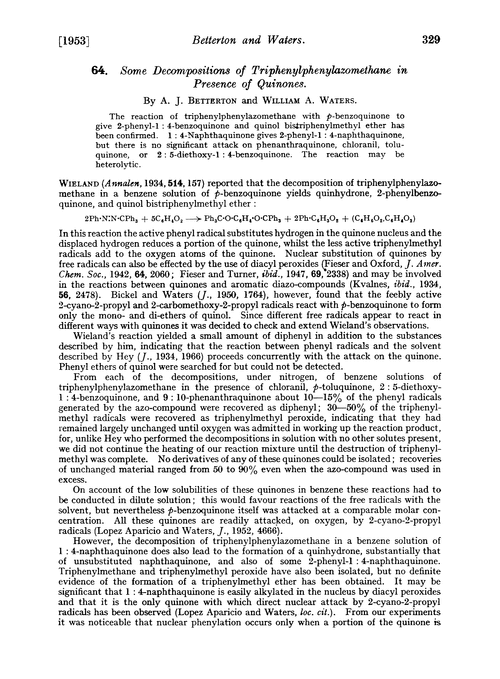 64. Some decompositions of triphenylphenylazomethane in presence of quinones