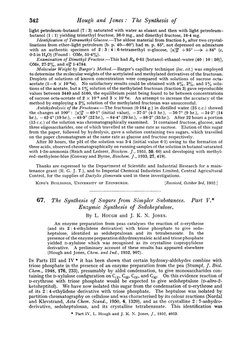 67. The synthesis of sugars from simpler substances. Part V. Enzymic synthesis of sedoheptulose