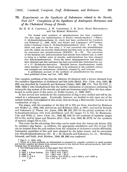 76. Experiments on the synthesis of substances related to the sterols. Part LI. Completion of the syntheses of androgenic hormones and of the cholesterol group of sterols