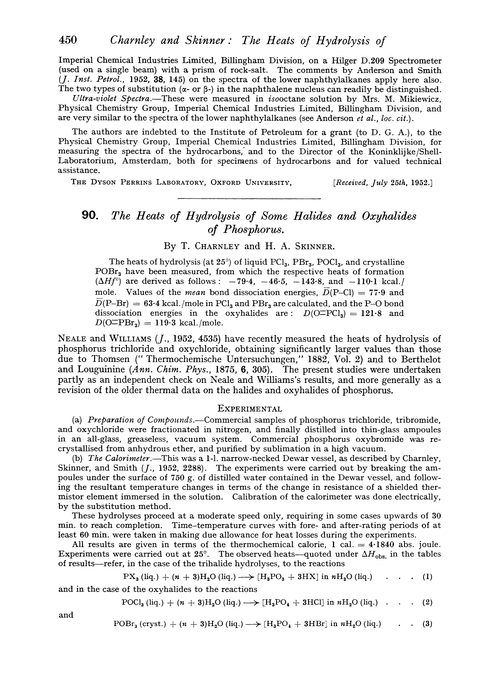 90. The heats of hydrolysis of some halides and oxyhalides of phosphorus