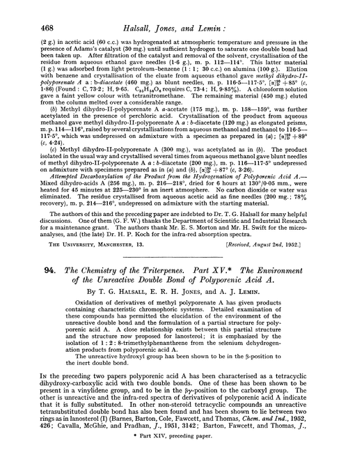 94. The chemistry of the triterpenes. Part XV. The environment of the unreactive double bond of polyporenic acid A