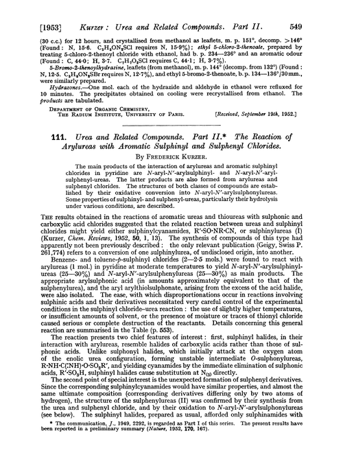 111. Urea and related compounds. Part II. The reaction of arylureas with aromatic sulphinyl and sulphenyl chlorides