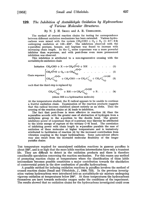 129. The inhibition of acetaldehyde oxidation by hydrocarbons of various molecular structures