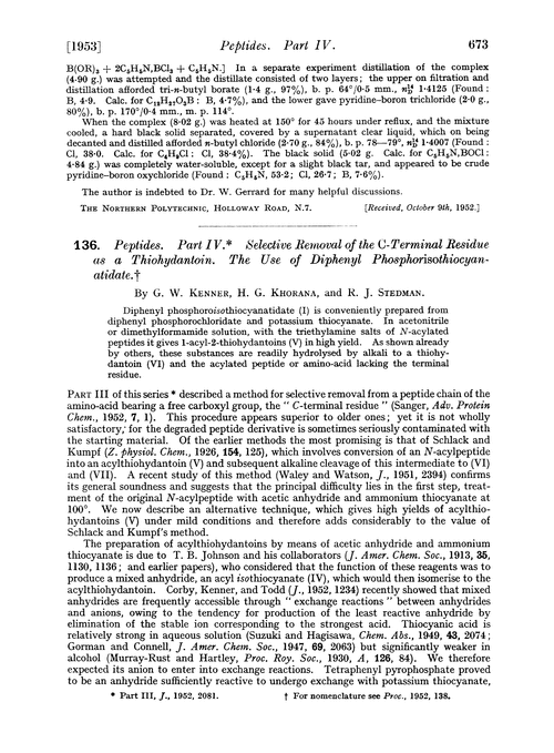 136. Peptides. Part IV. Selective removal of the C-terminal residue as a thiohydantoin. The use of diphenyl phosphorisothiocyanatidate
