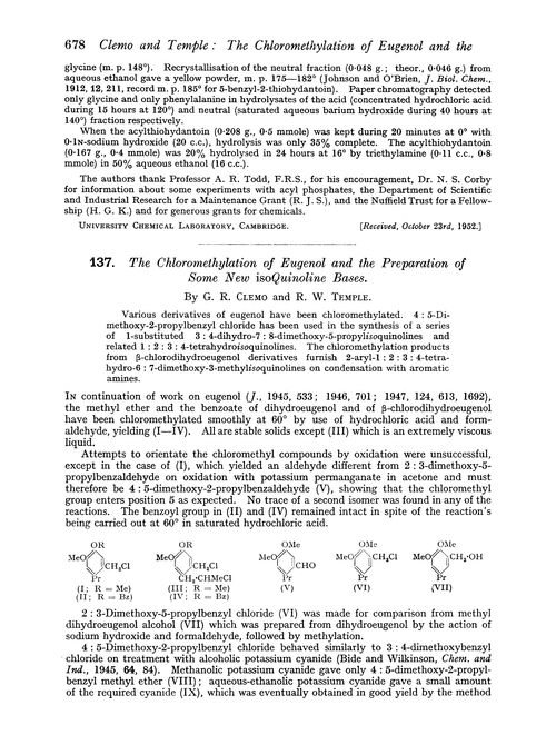 137. The chloromethylation of eugenol and the preparation of some new isoquinoline bases
