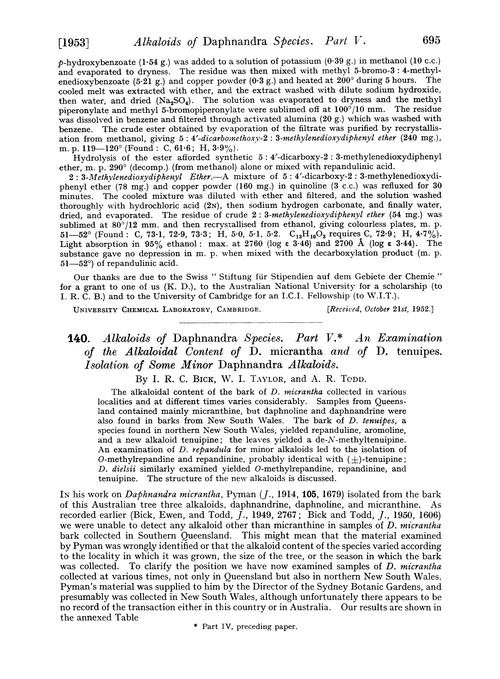 140. Alkaloids of Daphnandra species. Part V. An examination of the alkaloidal content of D. micrantha and of D. tenuipes. Isolation of some minor Daphnandra alkaloids