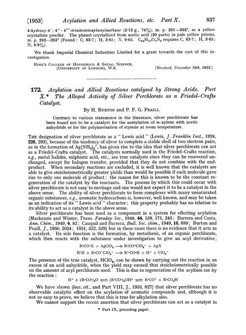 172. Acylation and allied reactions catalysed by strong acids. Part X. The alleged activity of silver perchlorate as a Friedel–Crafts catalyst