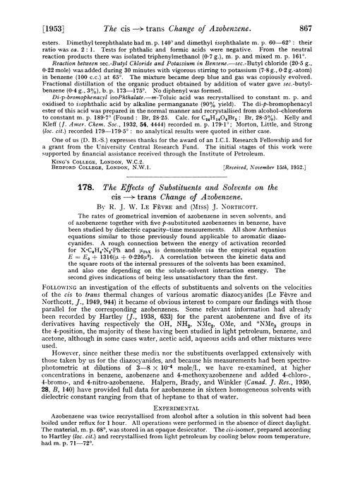 178. The effects of substituents and solvents on the cis→trans change of azobenzene