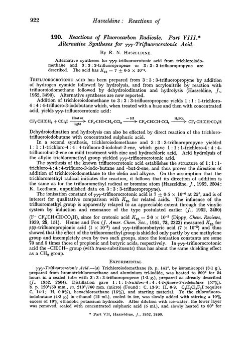 190. Reactions of fluorocarbon radicals. Part VIII. Alternative syntheses for γγγ-trifluorocrotonic acid