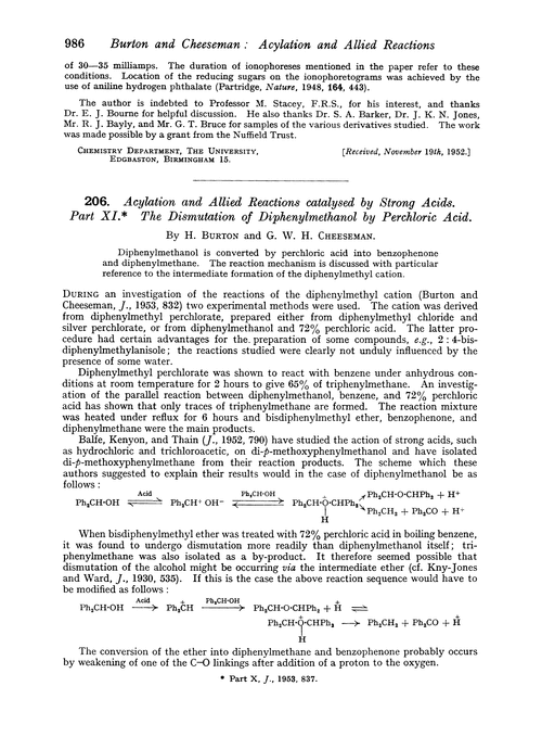 206. Acylation and allied reactions catalysed by strong acids. Part XI. The dismutation of diphenylmethanol by perchloric acid