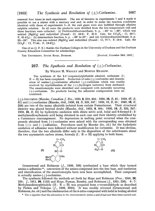 217. The synthesis and resolution of (±)-corlumine