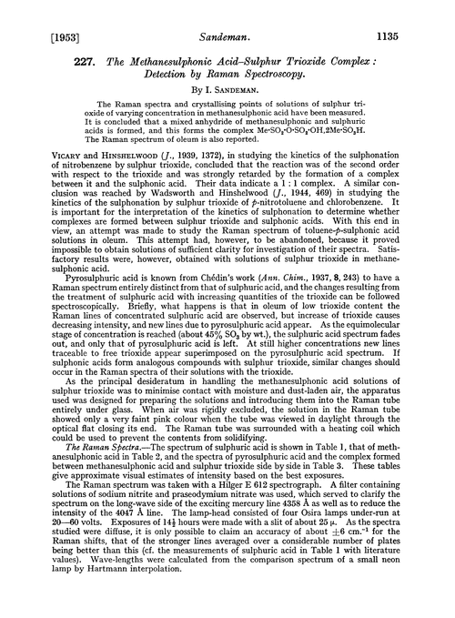 227. The methanesulphonic acid–sulphur trioxide complex: detection by Raman spectroscopy