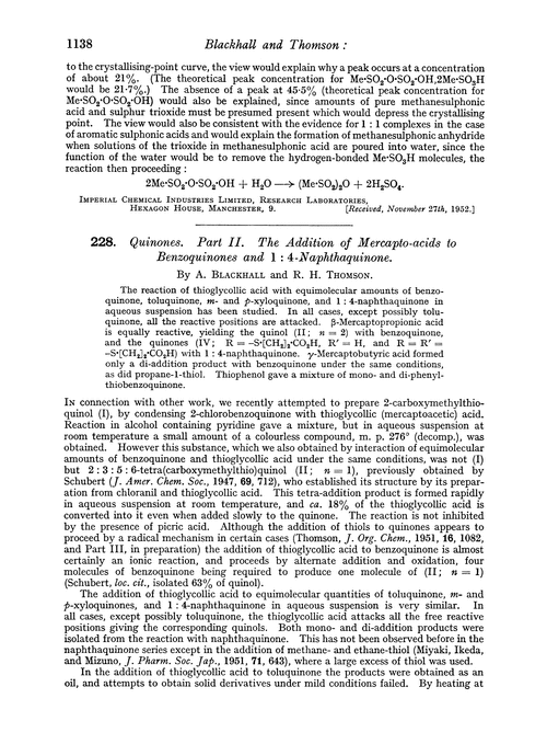 228. Quinones. Part II. The addition of mercapto-acids to benzoquinones and 1 : 4-naphthaquinone