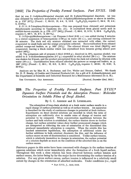 229. The properties of freshly formed surfaces. Part XVIII. Dynamic surface potentials and the adsorption process: molecular orientation in soluble films of decyl alcohol