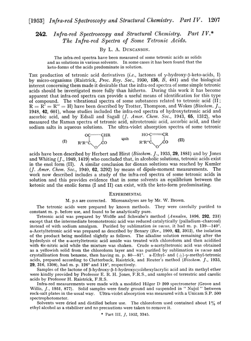 242. Infra-red spectroscopy and structural chemistry. Part IV. The infra-red spectra of some tetronic acids
