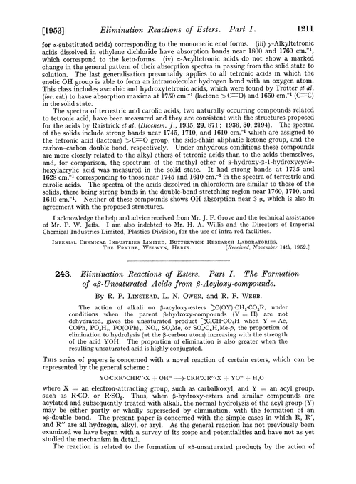 243. Elimination reactions of esters. Part I. The formation of αβ-unsaturated acids from β-acyloxy-compounds