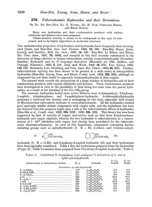 278. Tuberculostatic hydrazides and their derivatives