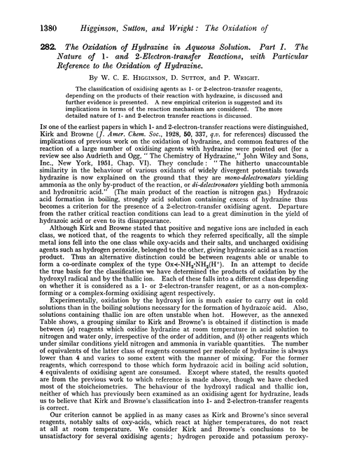 282. The oxidation of hydrazine in aqueous solution. Part I. The nature of 1- and 2-electron-transfer reactions, with particular reference to the oxidation of hydrazine