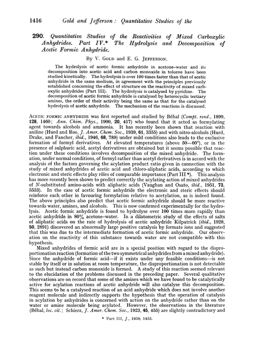 290. Quantitative studies of the reactivities of mixed carboxylic anhydrides. Part IV. The hydrolysis and decomposition of acetic formic anhydride