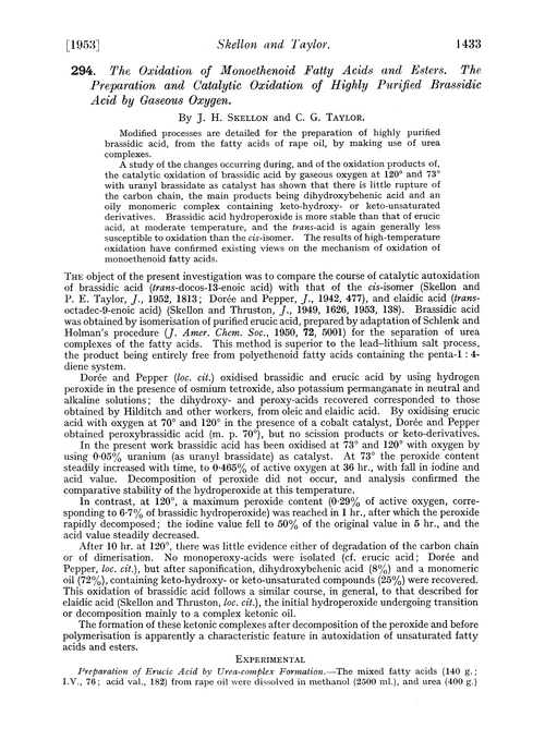 294. The oxidation of monoethenoid fatty acids and esters. The preparation and catalytic oxidation of highly purified brassidic acid by gaseous oxygen