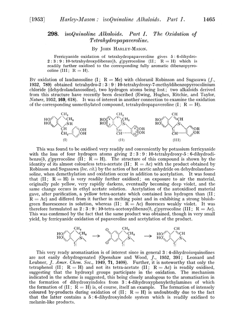 298. isoQuinoline alkaloids. Part I. The oxidation of tetrahydropapaveroline