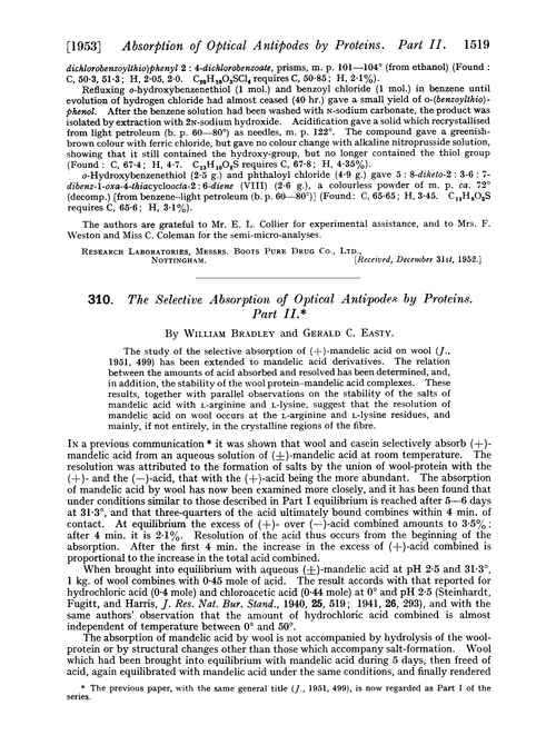 310. The selective absorption of optical antipodes by proteins. Part II