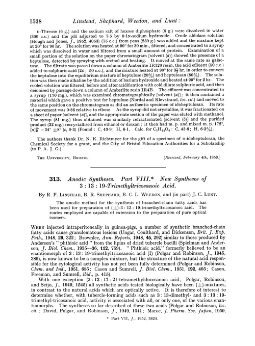 313. Anodic syntheses. Part VIII. New syntheses of 3 : 13 : 19-trimethyltricosanoic acid