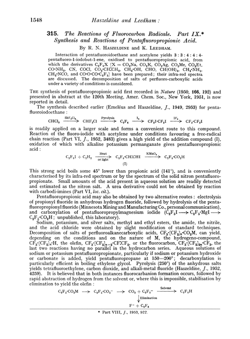 315. The reactions of fluorocarbon radicals. Part IX. Synthesis and reactions of pentafluoropropionic acid