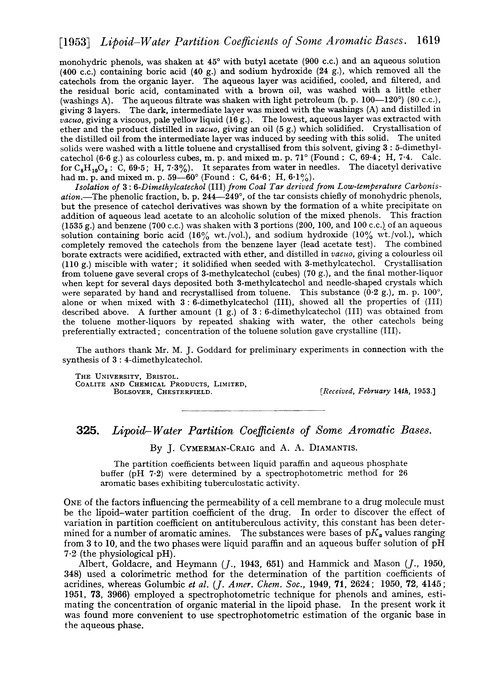 325. Lipoid–water partition coefficients of some aromatic bases