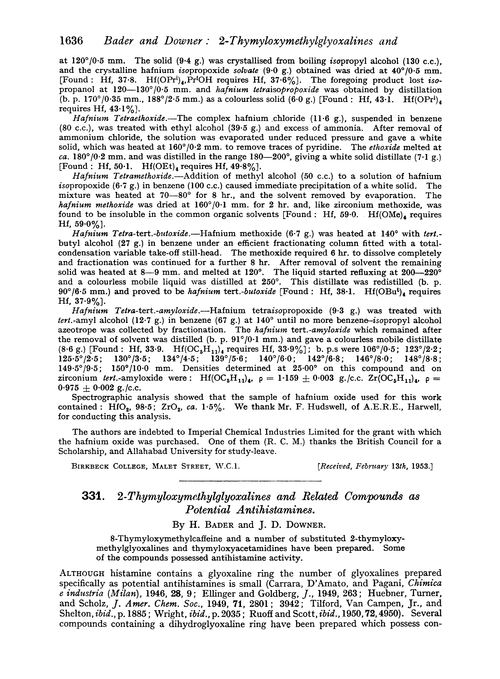 331. 2-Thymyloxymethylglyoxalines and related compounds as potential antihistamines